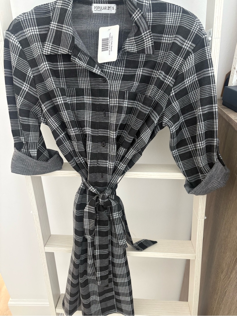 Naked Zebra Black & White Plaid Tie-Waist Shirt Dress